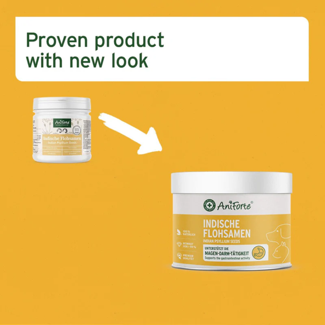 The old and new packaging for The Aniforte Indian Psyllium Seeds