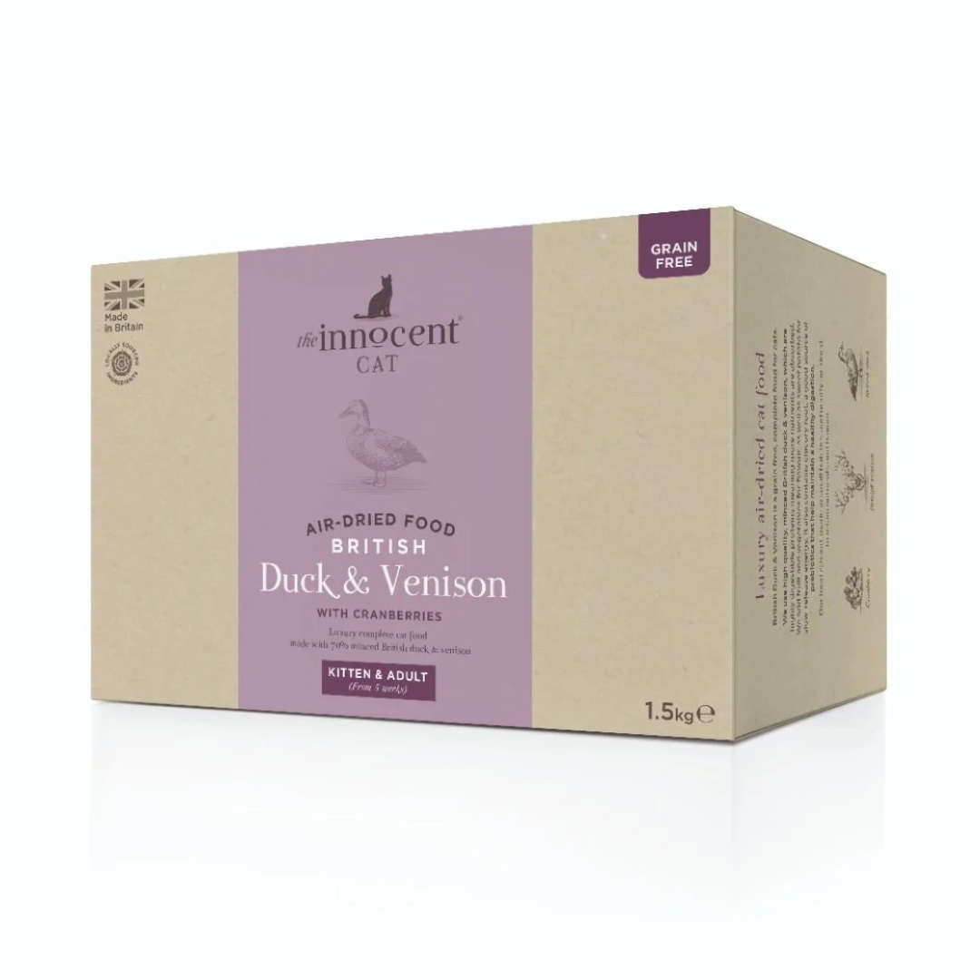 The innocent cat Air Dried Duck and Venison food against a white background.