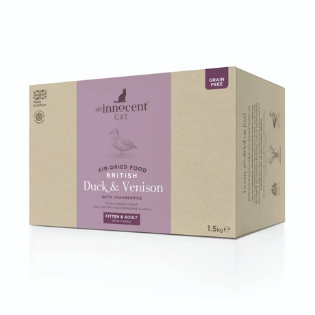 The innocent cat Air Dried Duck and Venison food against a white background.