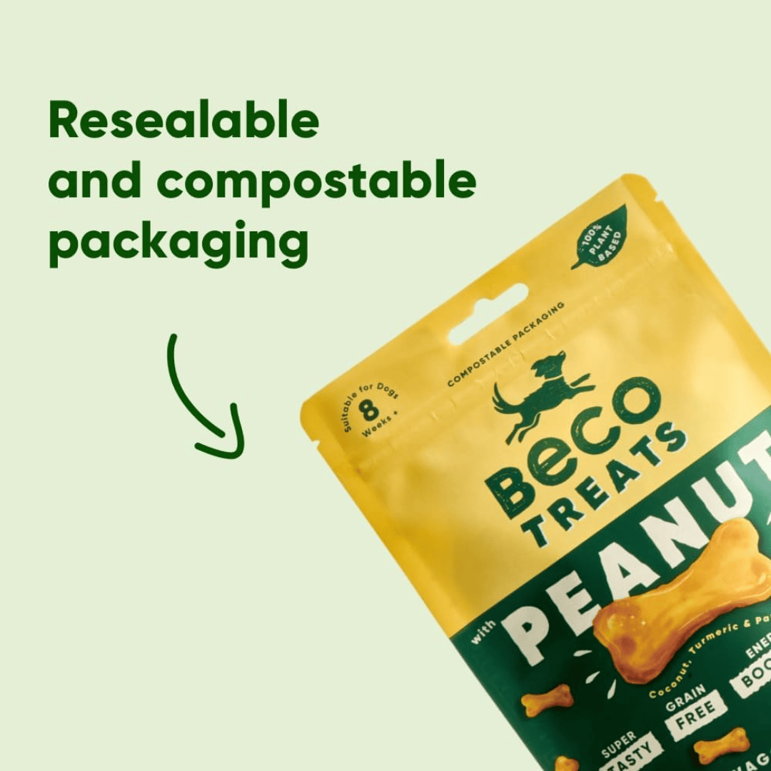Photo of the Beco Peanut with Coconut & Turmeric Dog Treats with a statement 'Resealable and compostable packaging' above it