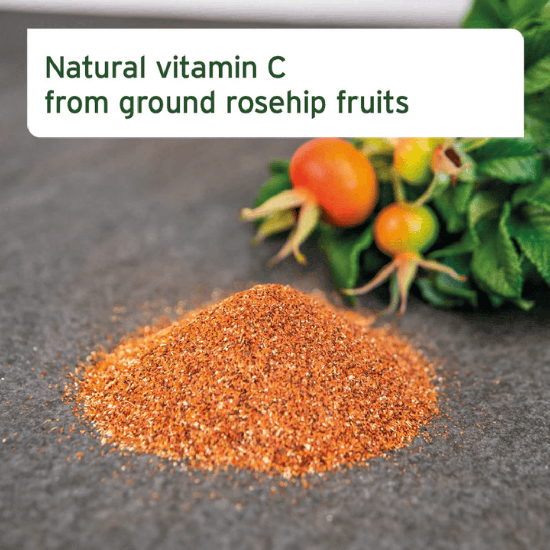 AniForte Rope Hip powder for pets on a dark surface and text saying "Natural vitamin C from ground rosehip fruits".