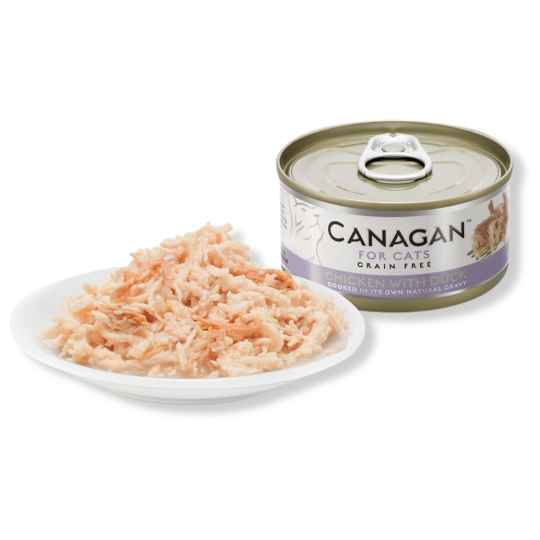 Canagan Chicken with Duck Cat Food Tin 75g. It is also served alongside the tin on a plate.