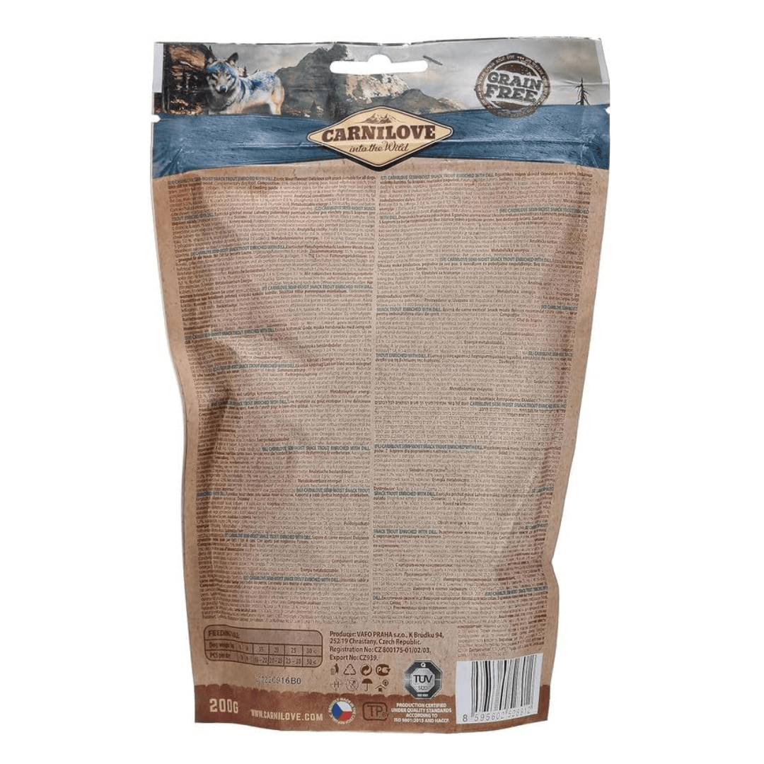 The back of the Carnilove rout with Dill soft snacks against a white background.