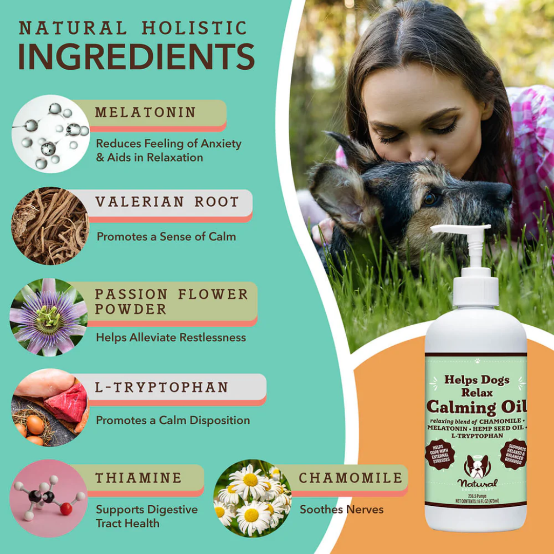 A list of the active ingredients of the Bottle of Natural Dog Company Calming Oil with the benefits of each one.