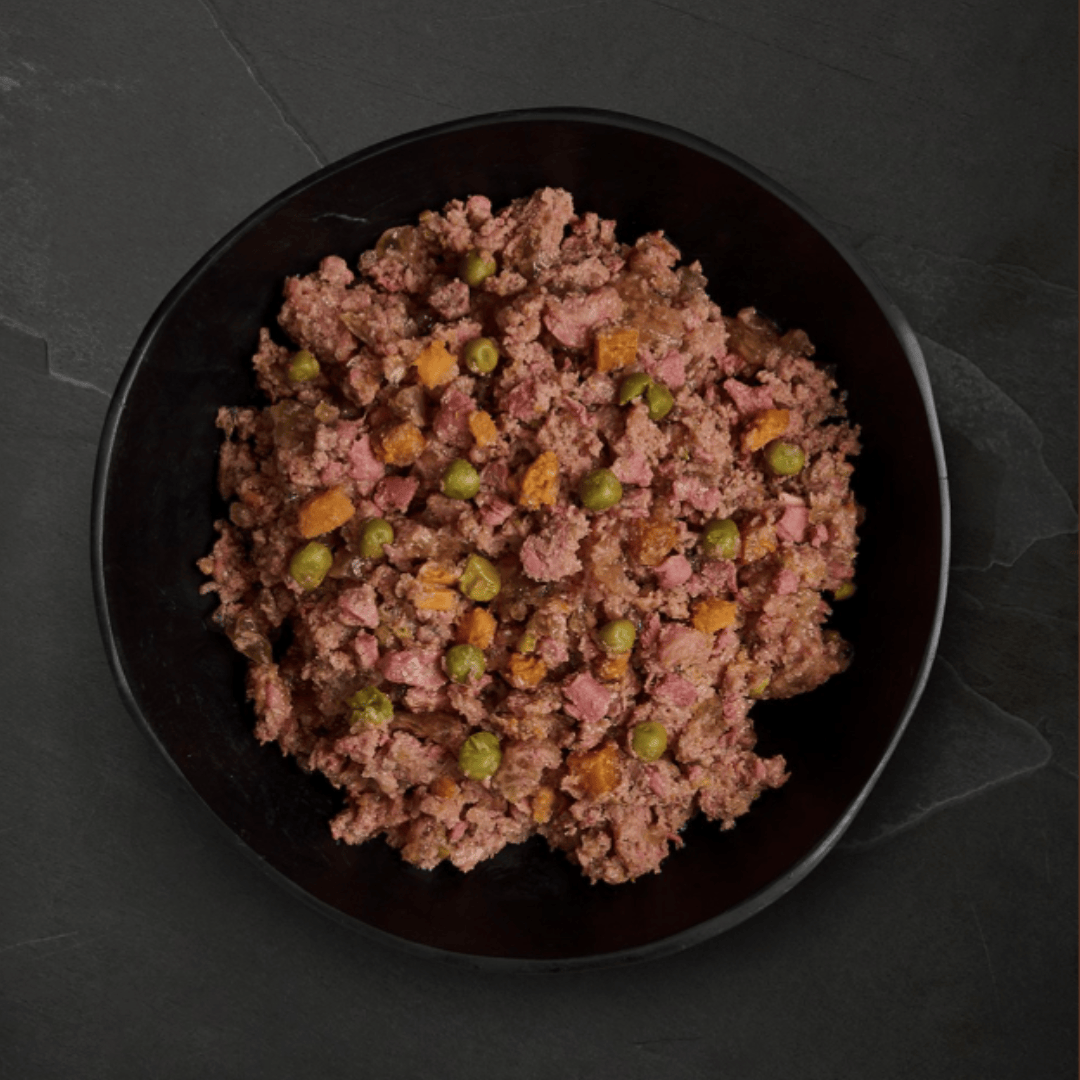 The Canagan Country Game Wet Dog Food 400g in a bowl ready to be served. Chunky mince like texture with veg.