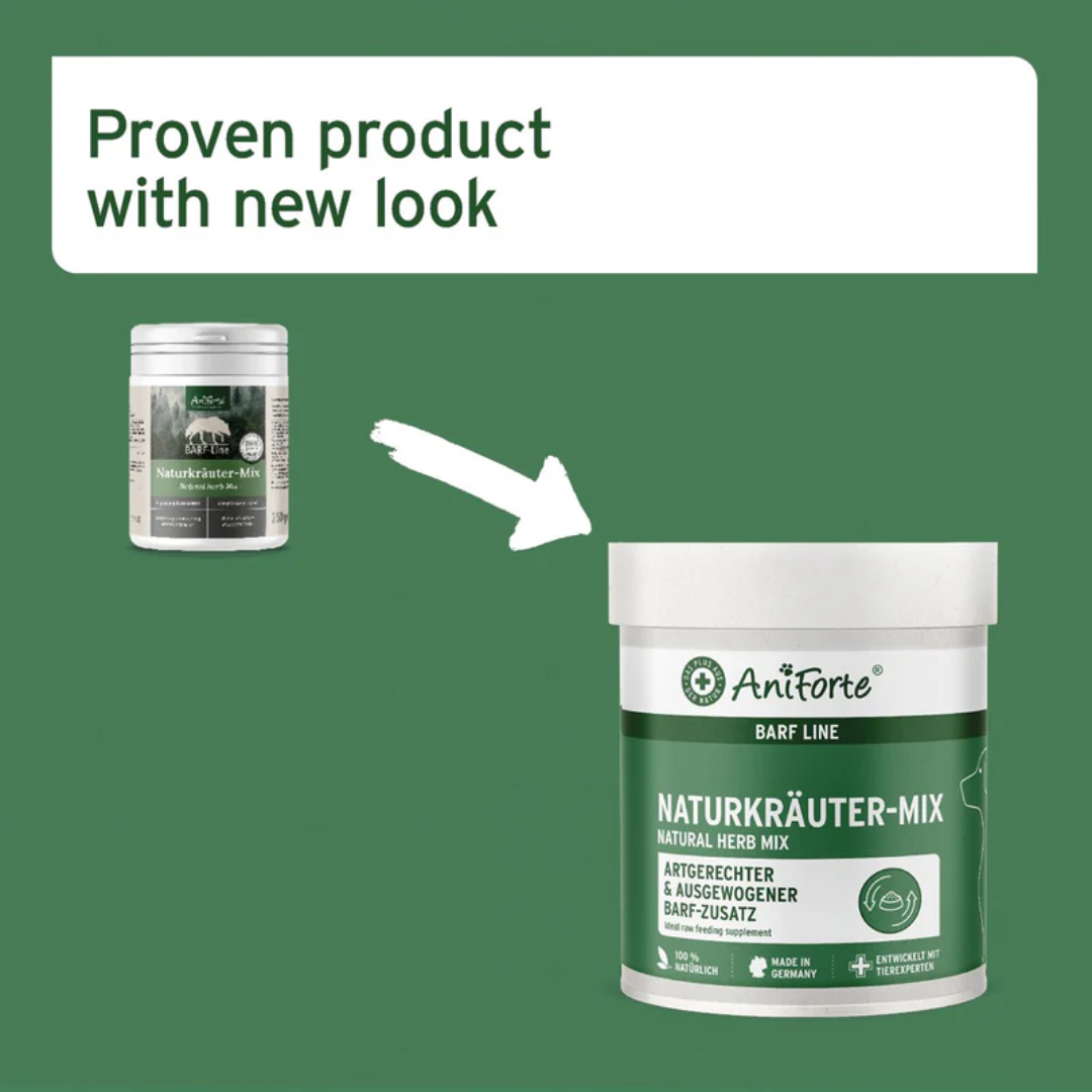 The old and new packaging off the Aniforte Natural Herb Mix