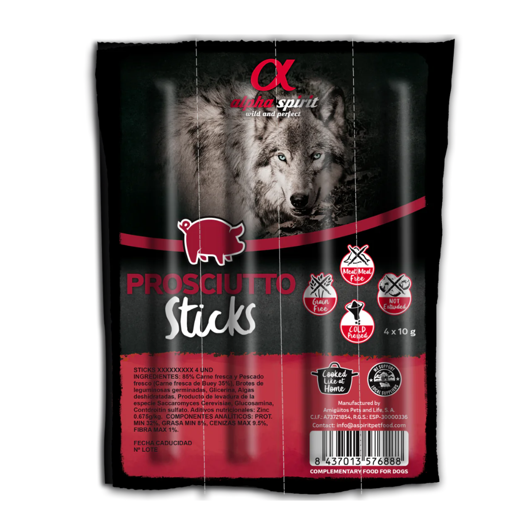 Alpha Spirit Prosciutto Sticks Dog Treats 4 pack against a white background