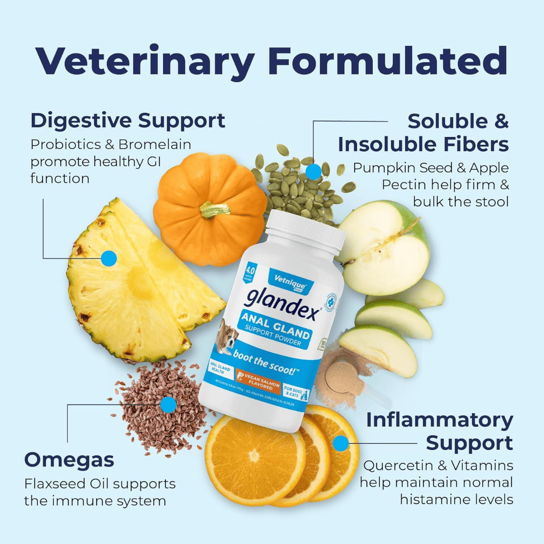 Ingredients and benefits of Glandex Anal Gland Powder for dogs and cats.