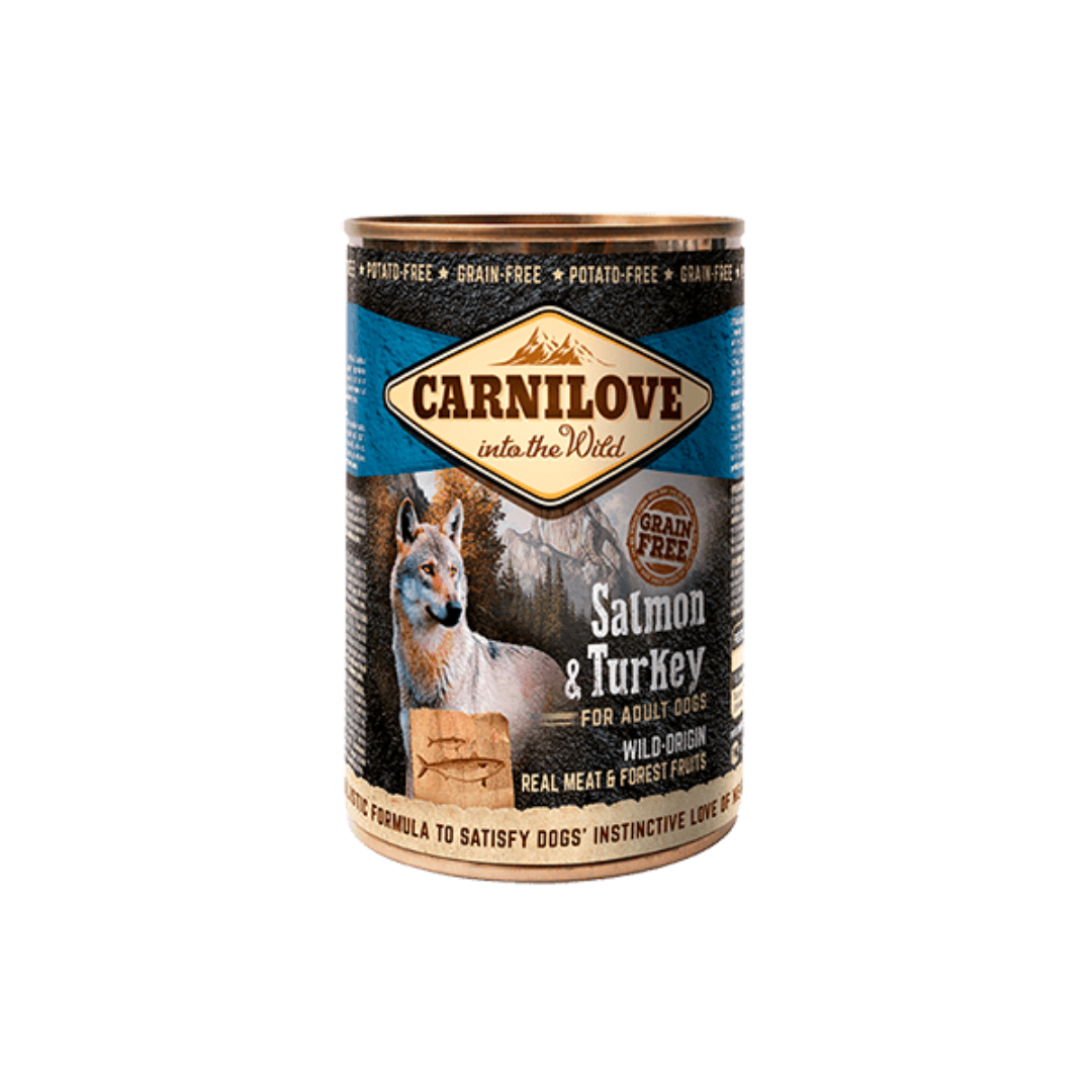 Carnilove Salmon and Turkey tin for adults, 400g againsta white background