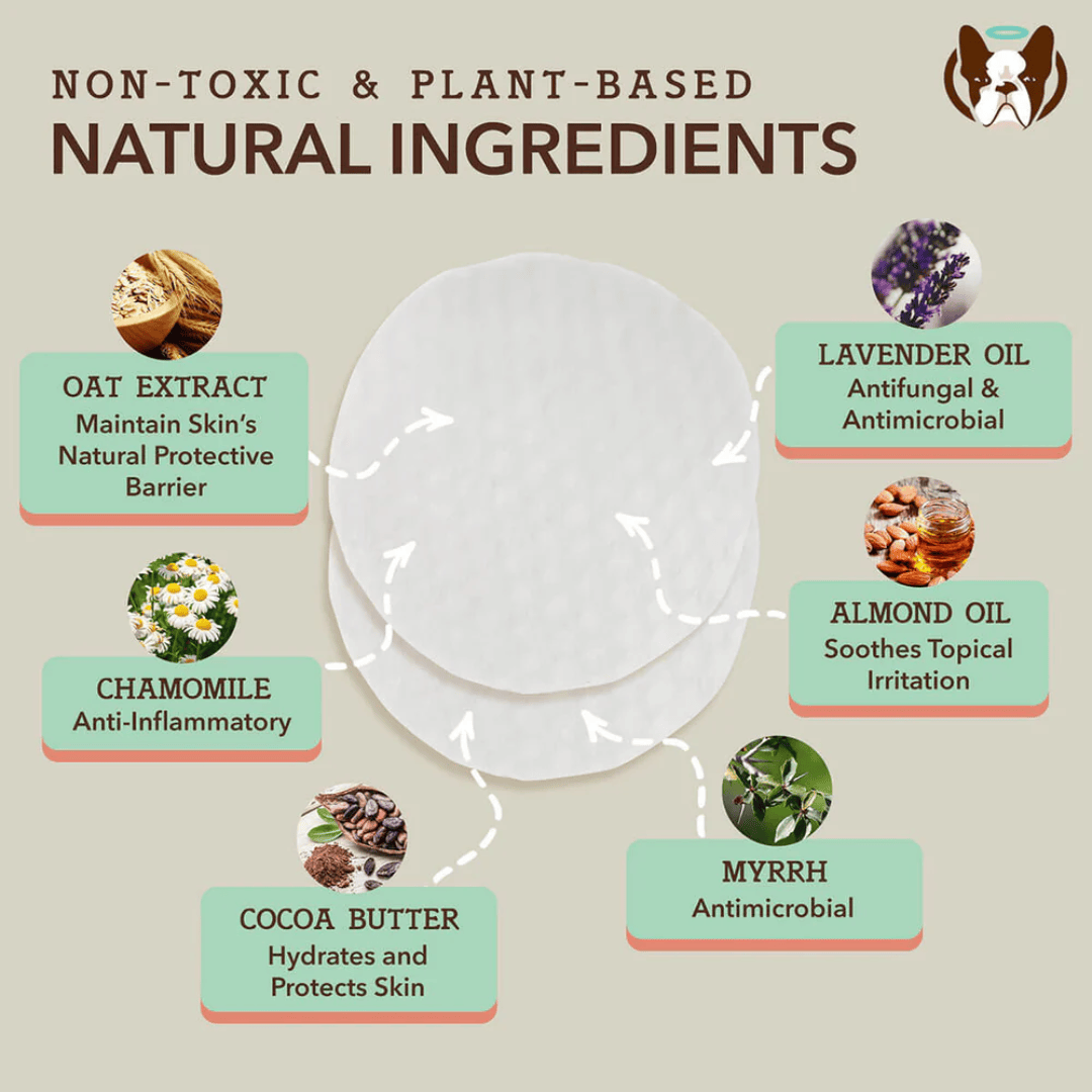 The ingredients of the Natural Dog Company Skin Soother Wipes with their individual benefits listed beside them