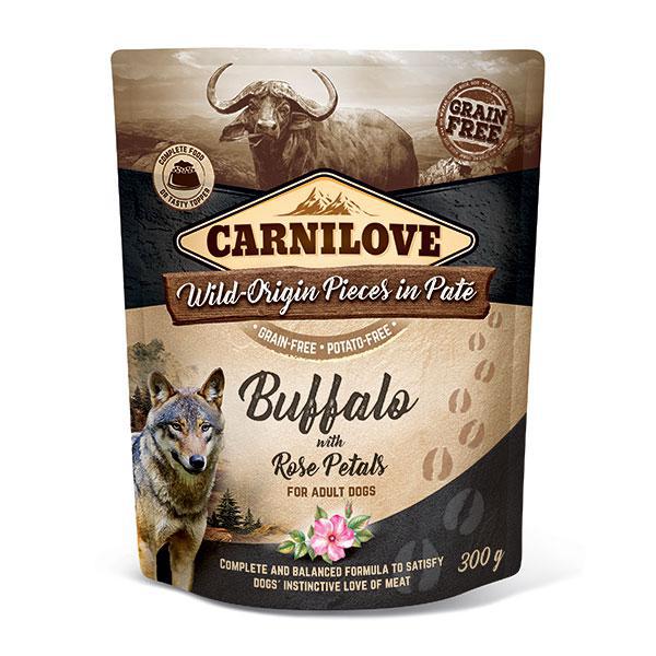 Carnilove Buffalo with Rose Petal wet dog food pouch against a white background