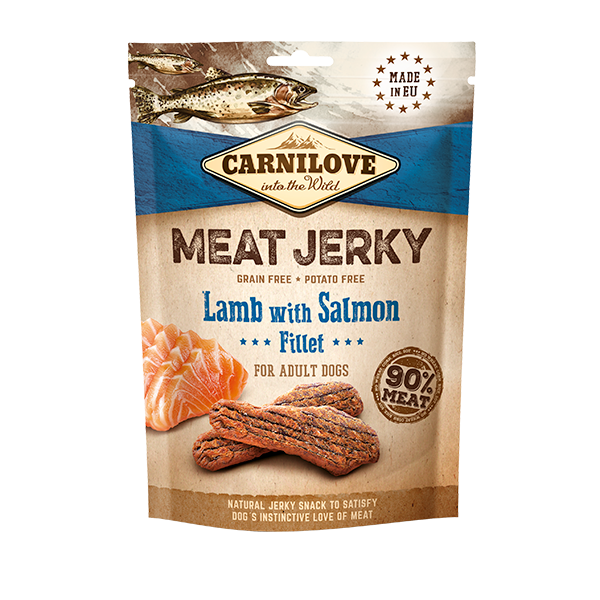 Carnilove Lamb with Salmon jerky dog treats. The packaging is against a white background.