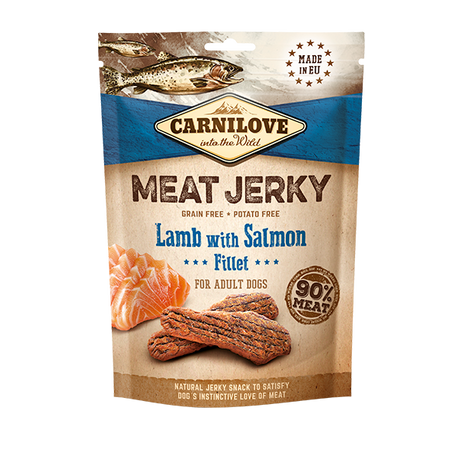 Carnilove Lamb with Salmon jerky dog treats. The packaging is against a white background.