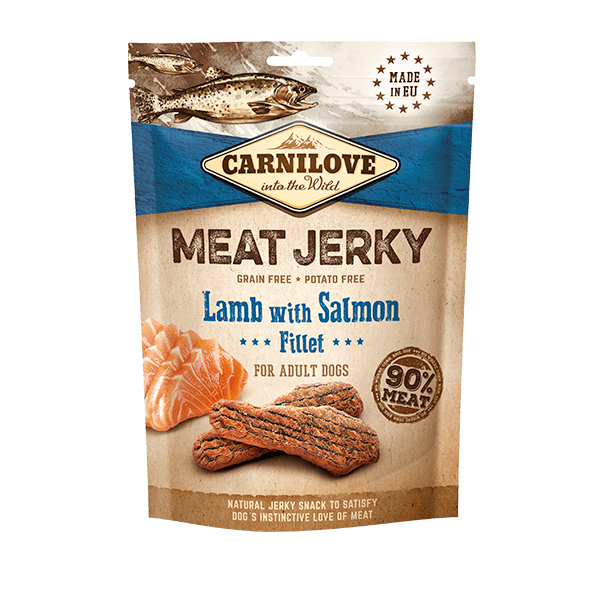Carnilove Lamb with Salmon jerky dog treats. The packaging is against a white background.