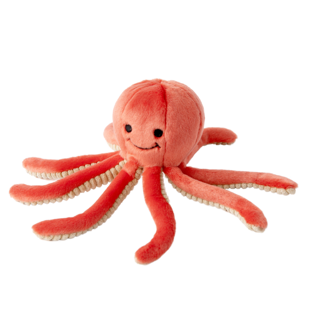Fluff & Tuff Squirt Octopus Plush Dog Toy against a white background. Toy is a coral colour with a textured beige underside of the tentacles.