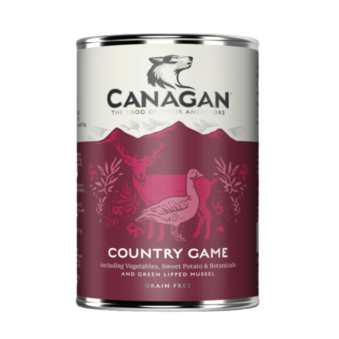 Canagan Country Game Wet Dog Food 400g. Against a white background.