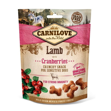 Carnilove Crunchy dog Treats Lamb with Cranberry. Packaging is against a white background.