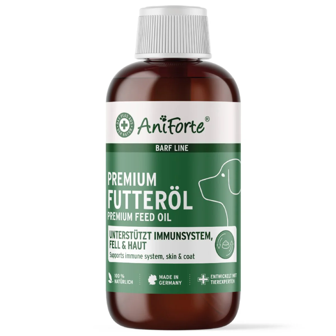 Aniforte Premium Feed Oil 250ml. The bottle has a screw top and is against a white background