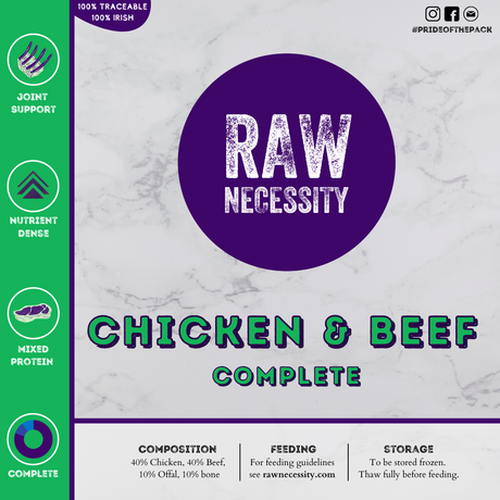 Label for Raw Necessity Chicken and Beef Complete raw food.