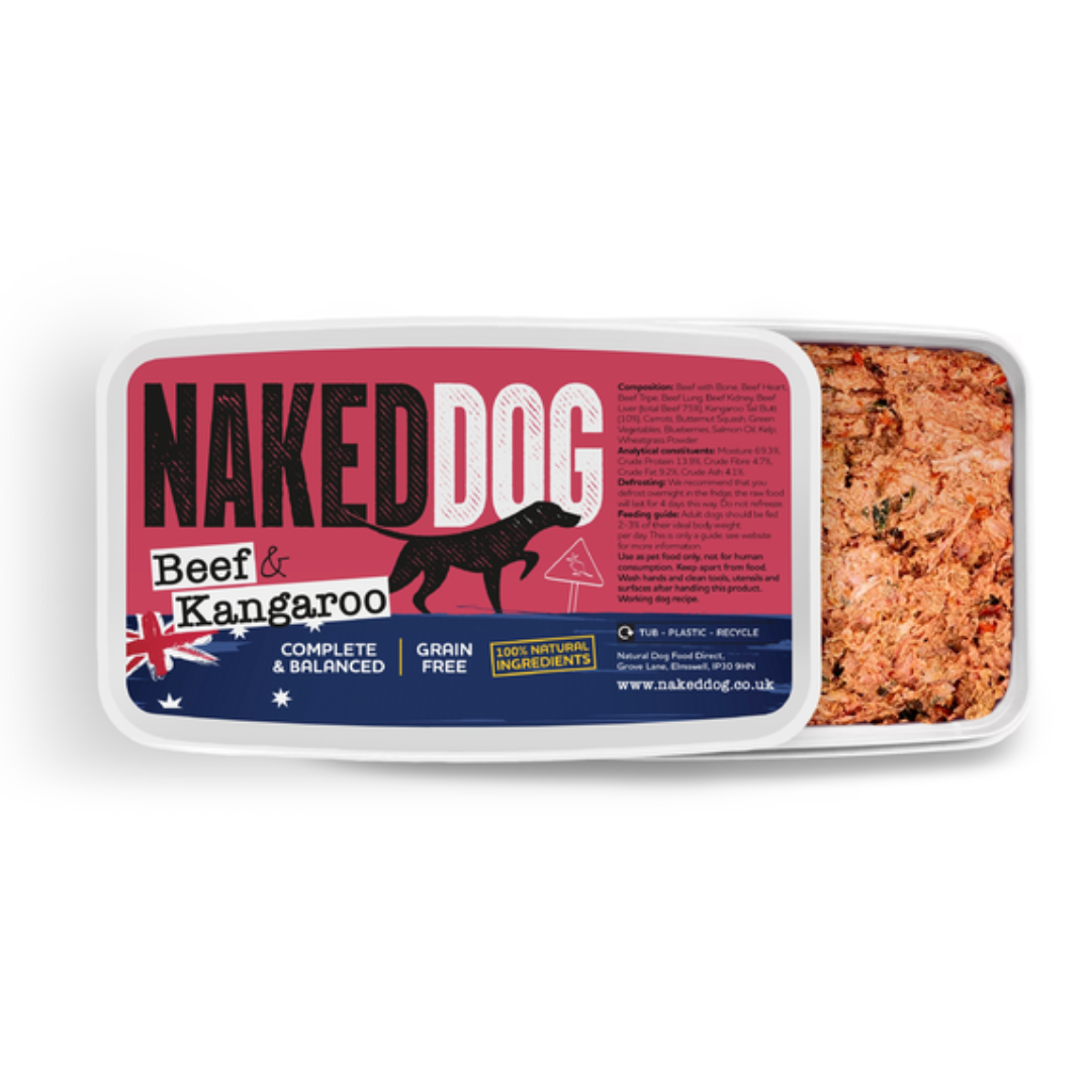 Naked Dog Raw Original Beef & Kangaroo Raw food. Against a white background. Packing is open to show the contents inside.