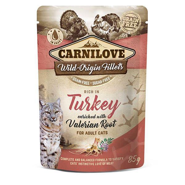Carnilove Turkey with Valerian Root Cat Food Pouch 85g. Packaging against a white background.