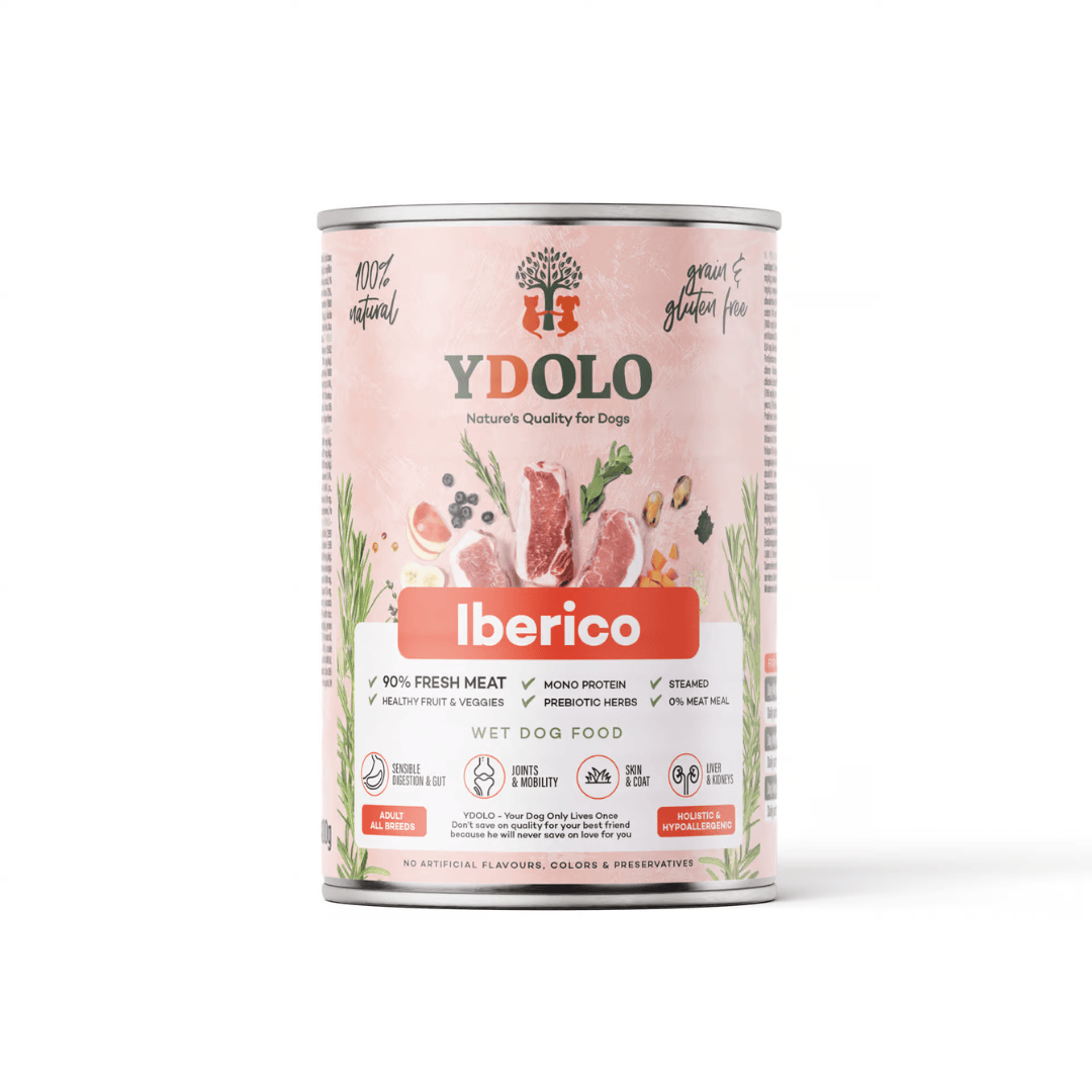 YDOLO Iberico Wet Food 400g tin against a white background.