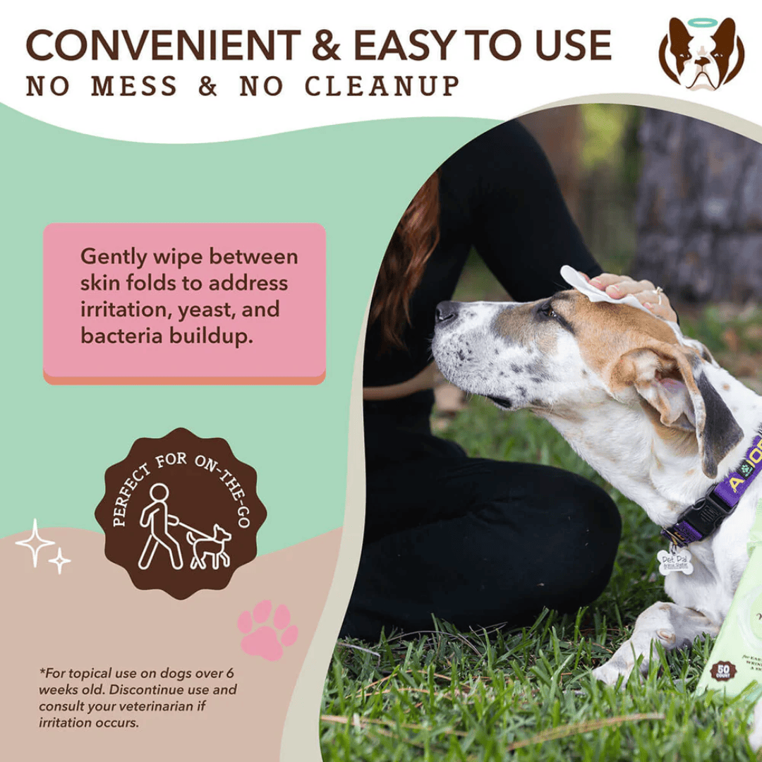 Convenient and easy to use - listed some uses of this product. An owner is using the Natural Dog Company Grooming Wipes to clean a dogs head.