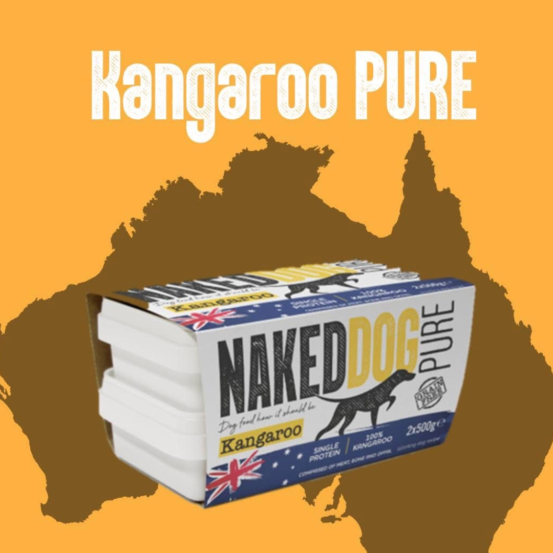 Naked Dog Pure Raw Kangaroo Dog Food against a map of Australia. Promotional photo from Naked Dog website.