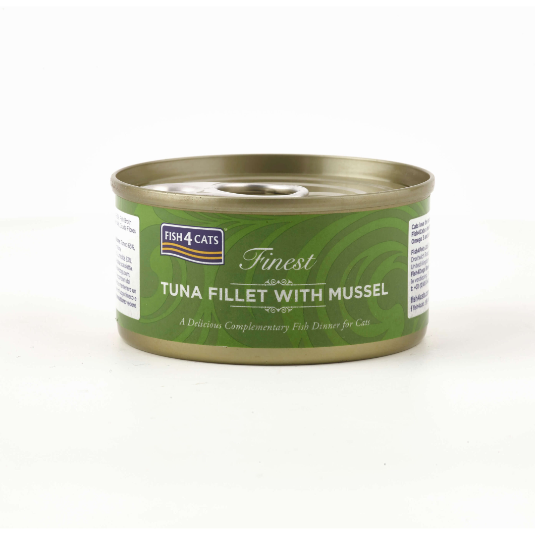 The Fish 4 Cats Tuna with Green Lipped Mussel 70g tin. The tin is against a white background.