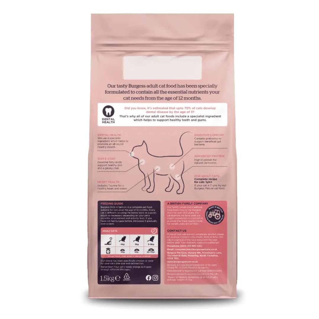 The back of the The Burgess Scottish Salmon Cat Food. 1.5kg.