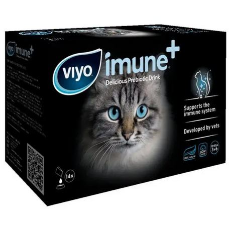 Viyo imune+ Prebiotic for Cats 14pack. The outer packaging shown here. There is a grey cat with blue eyes on the box.