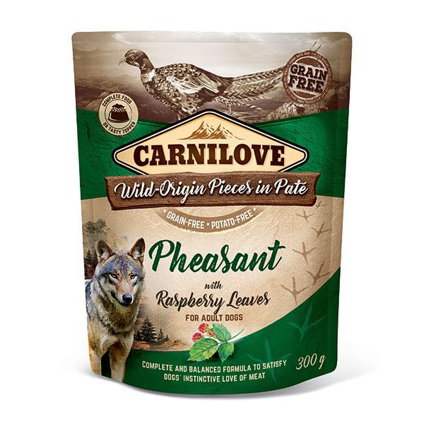 Carnilove Pheasant with Raspberry Leaves wet dog food pouch against a white background