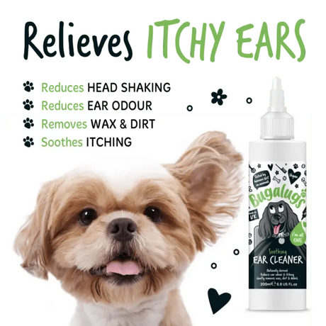 Photo of dog beside a bottle of ear cleaner with the text "Relieves Itchy Ears, Reduces Head Shaking, Reduces Ear Odour, Removed Wax and Debris, Soothes Itching".