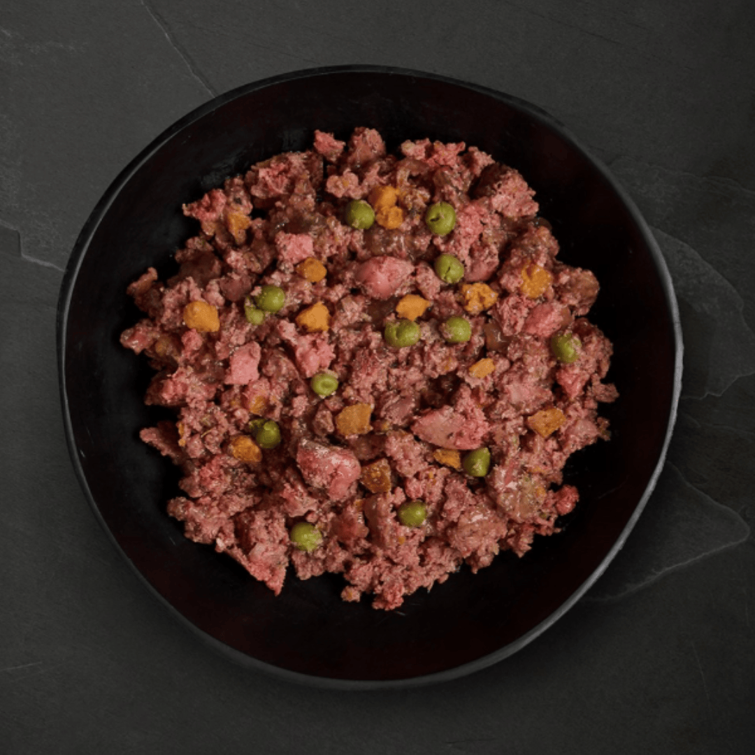 Canagan Turkey with Duck Dinner Wet Food 400g served in a bowl. Chunky mince like texture with vegetables.