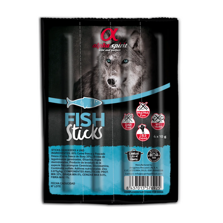 Alpha Spirit Fish Sticks Dog Treats 4 pack against a white background