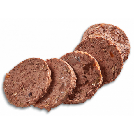 Country Hunter Pheasant and Superfood Dog Food Tin, the product has been removed from the packaging. It is chopped up into slices. You can see a meaty food with jelly like sections, and chunks of veg.