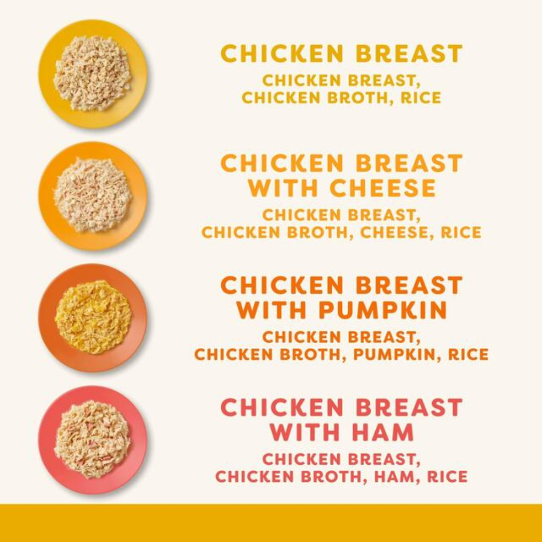 The ingredients of each flavour in the Applaws Cat Tin Multipack chicken collection. There is a photo of each food on a plate beside the lists.