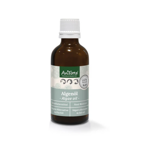 Bottle of AniForte Algae Oil Omega 3 supplement for dogs, cats and horses.