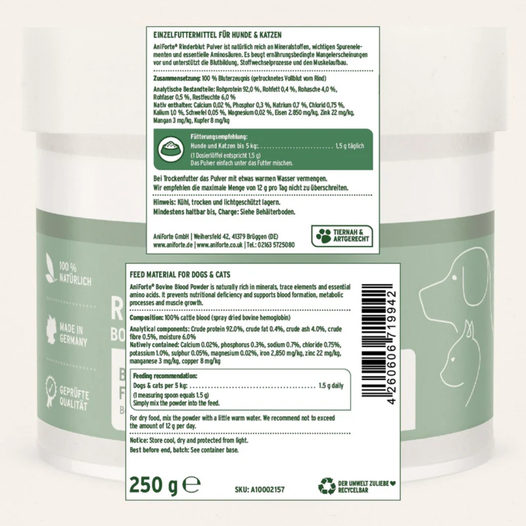The Label off of the Aniforte Bovine Blood Powder 250g.