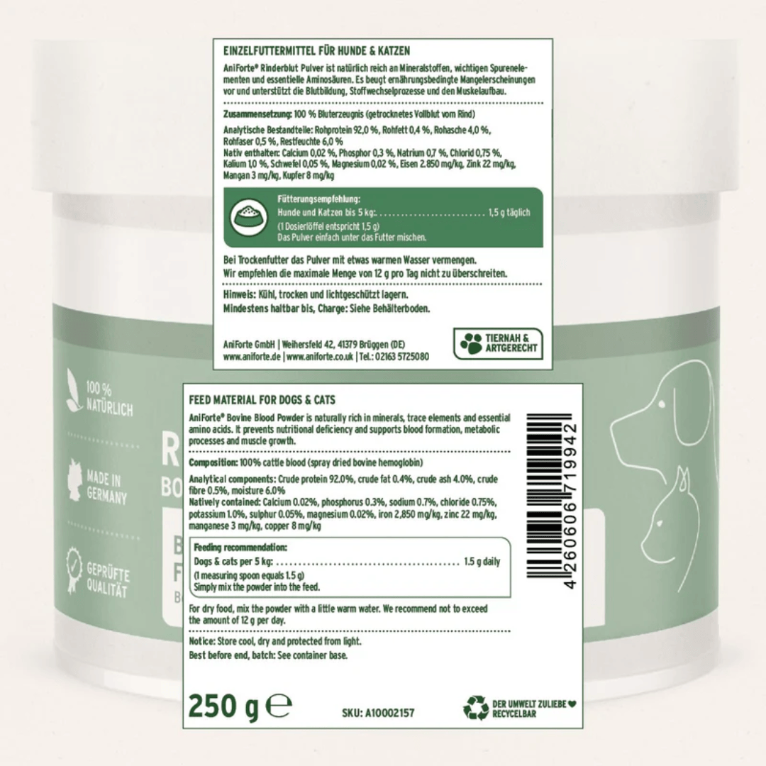 The Label off of the Aniforte Bovine Blood Powder 250g.