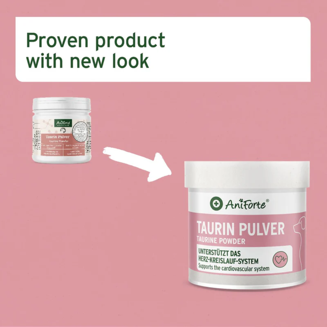 The old and new packaging for Aniforte Taurine Power for dogs