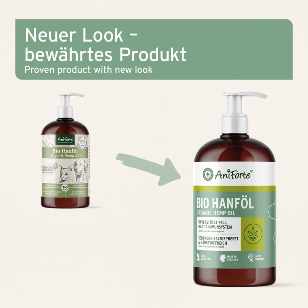 The older and new packaging for the Aniforte Hemp Oil
