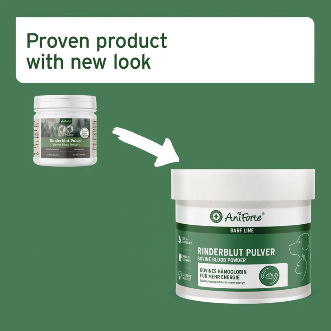 The old and current packaging for Aniforte Bovine Blood Powder 250g