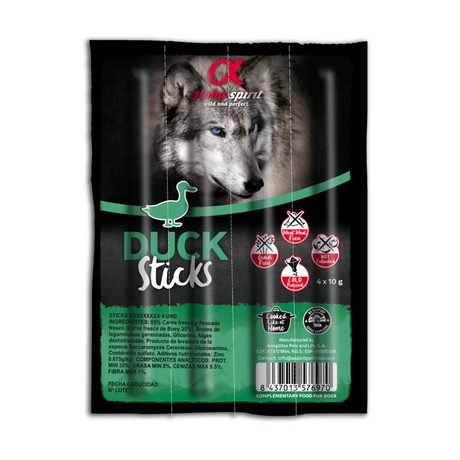Alpha Spirit Duck Stick Dog Treats 4pk against a white background