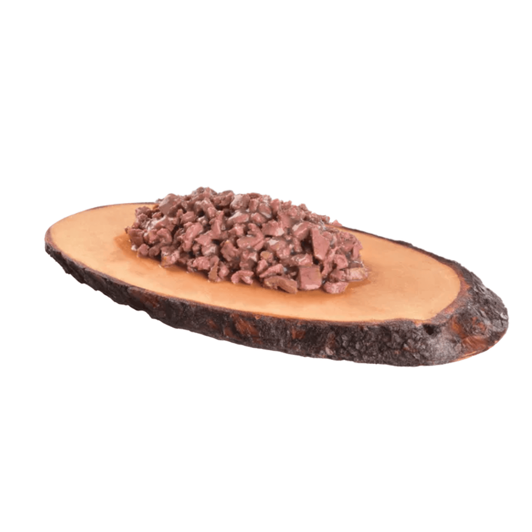 Carnilove Trout with Echinacea cat food, served on a wooden slate. Small chunks in a delicious broth