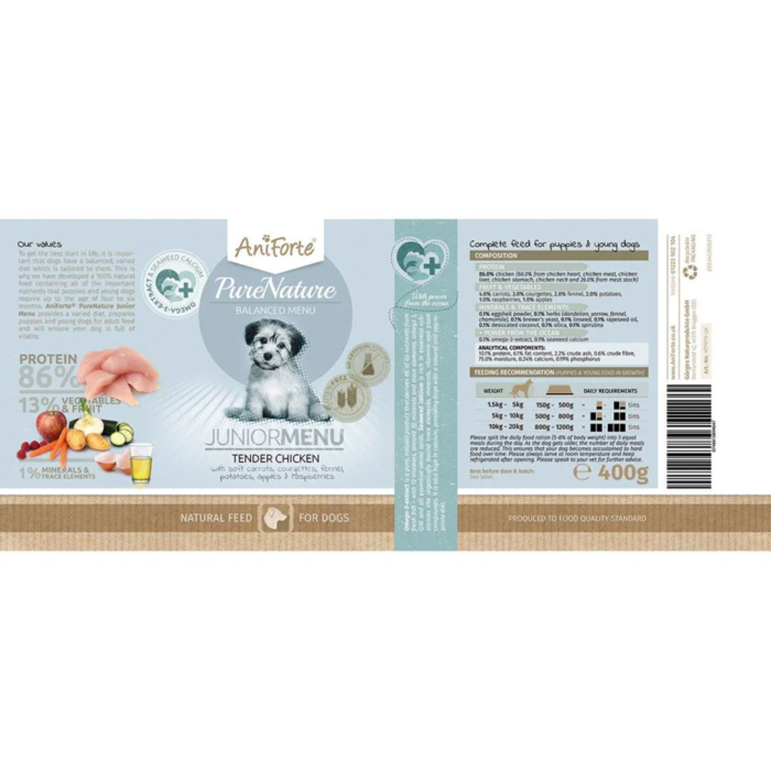 Label for AniForte PureNature Junior Tender Chicken