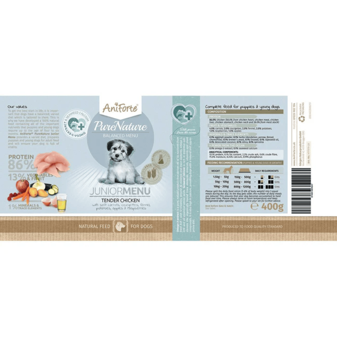 Label for AniForte PureNature Junior Tender Chicken