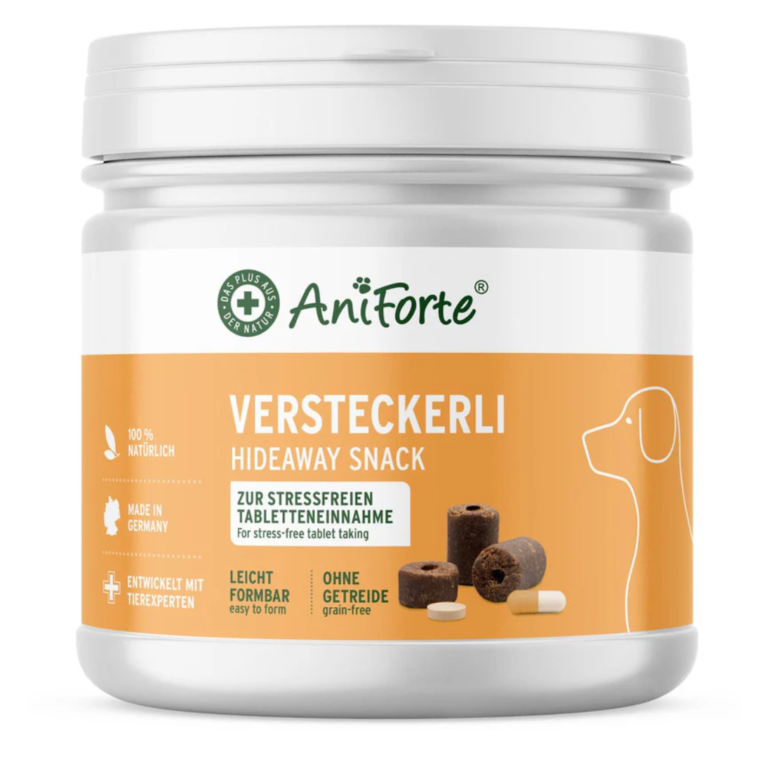 Aniforte Hideaway Snack tub for stress free tablet taking against a white backround.