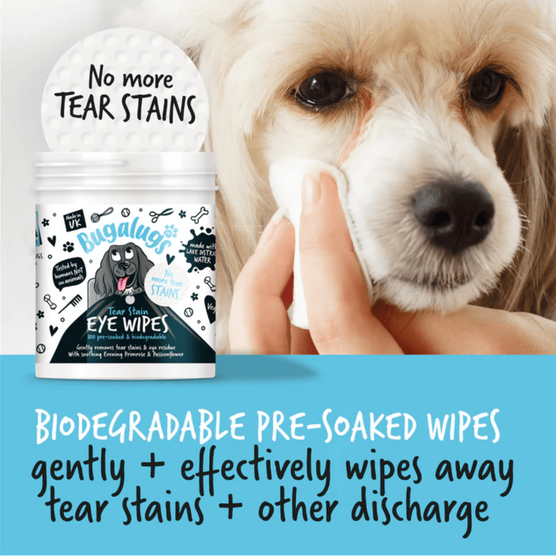 Infographic from Bugalugs website of their Tear Stain Remover wipes being used on a dog