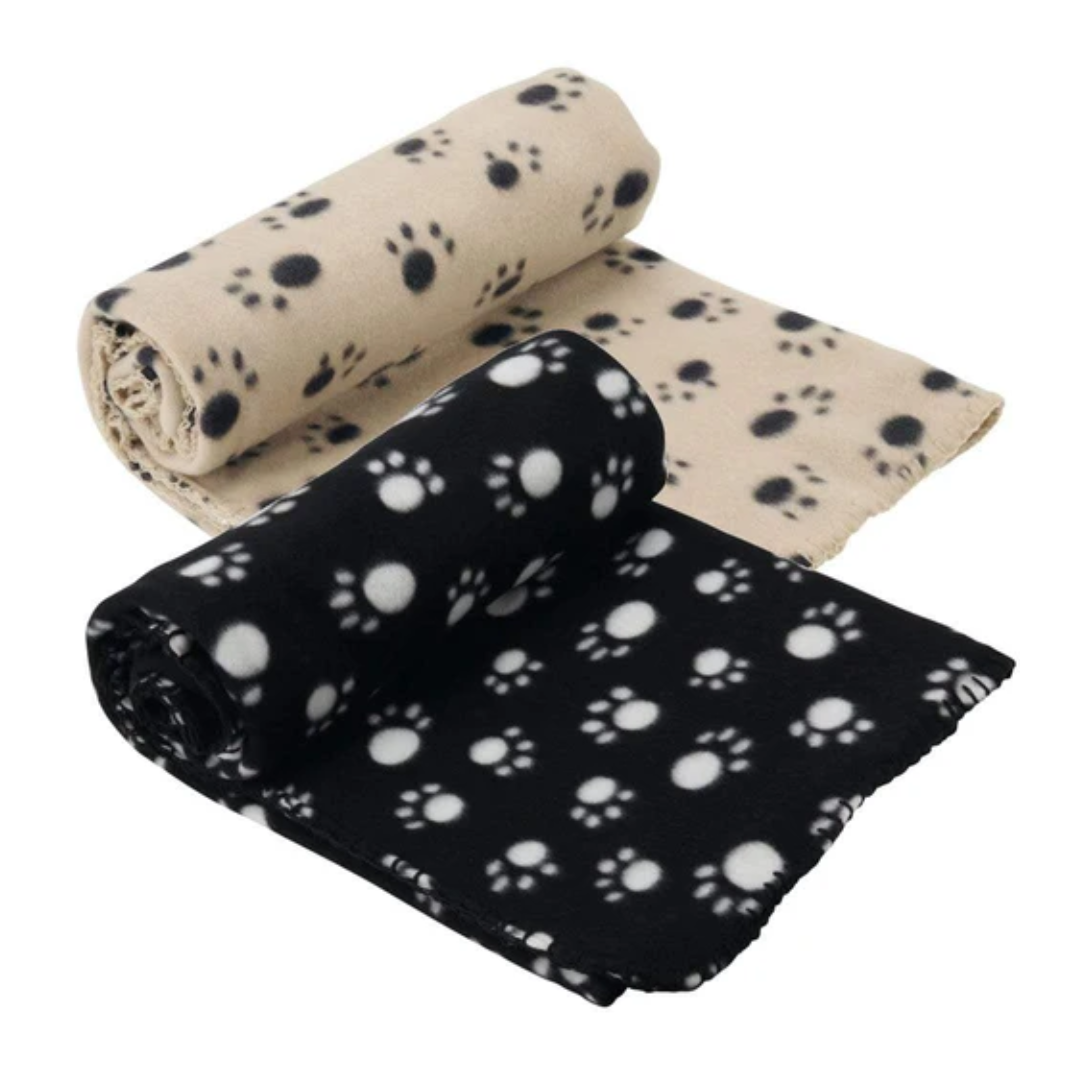 A black and a cream bunty pet fleece blanket.